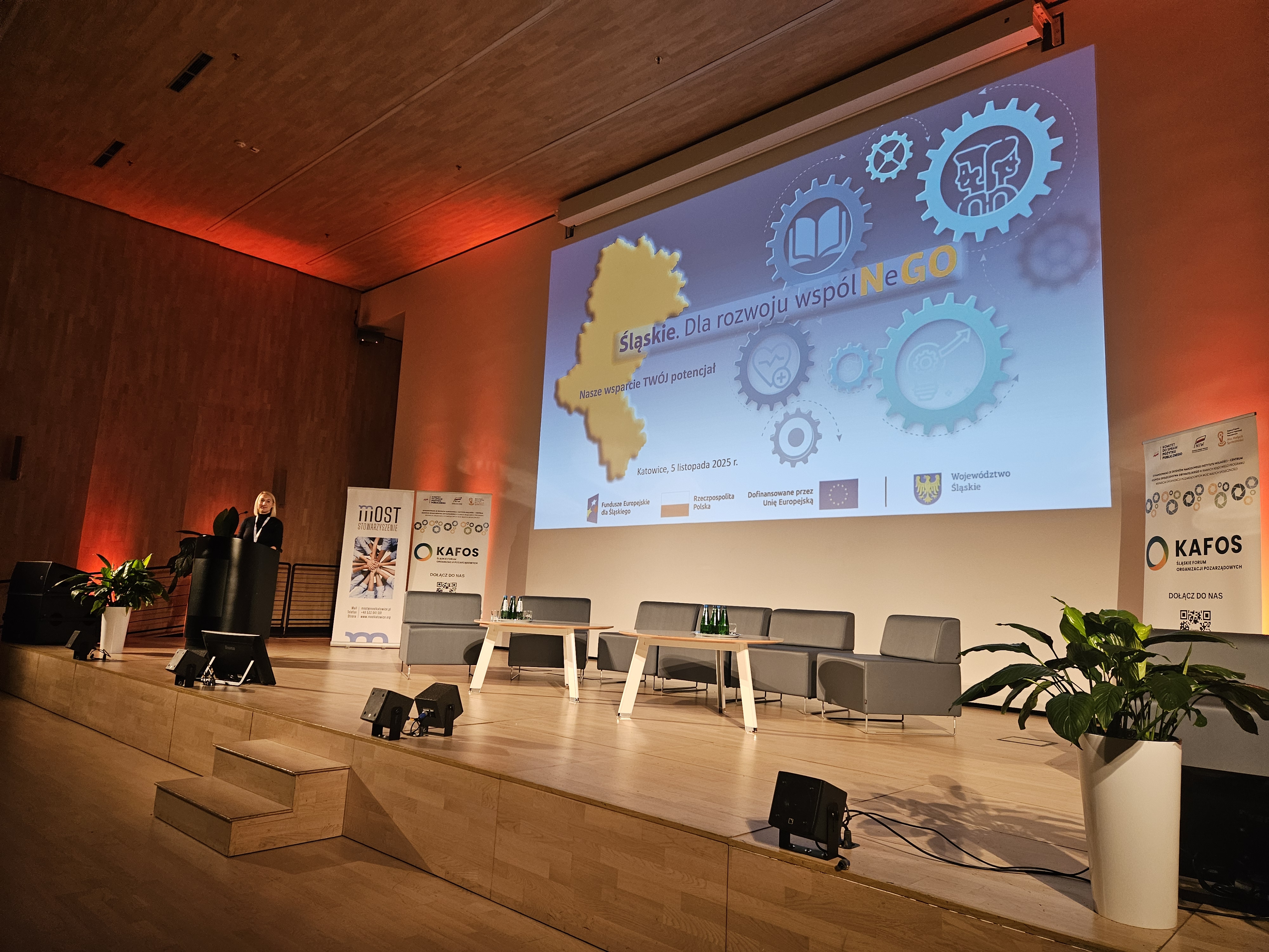 Zdjęcie przedstawiające slajdy z prezentacji dotyczącej głównych założeń projektu pn. "Śląskie. Dla rozwoju wspólNeGO" podczas Śląskiego Forum Organizacji Pozarządowych.